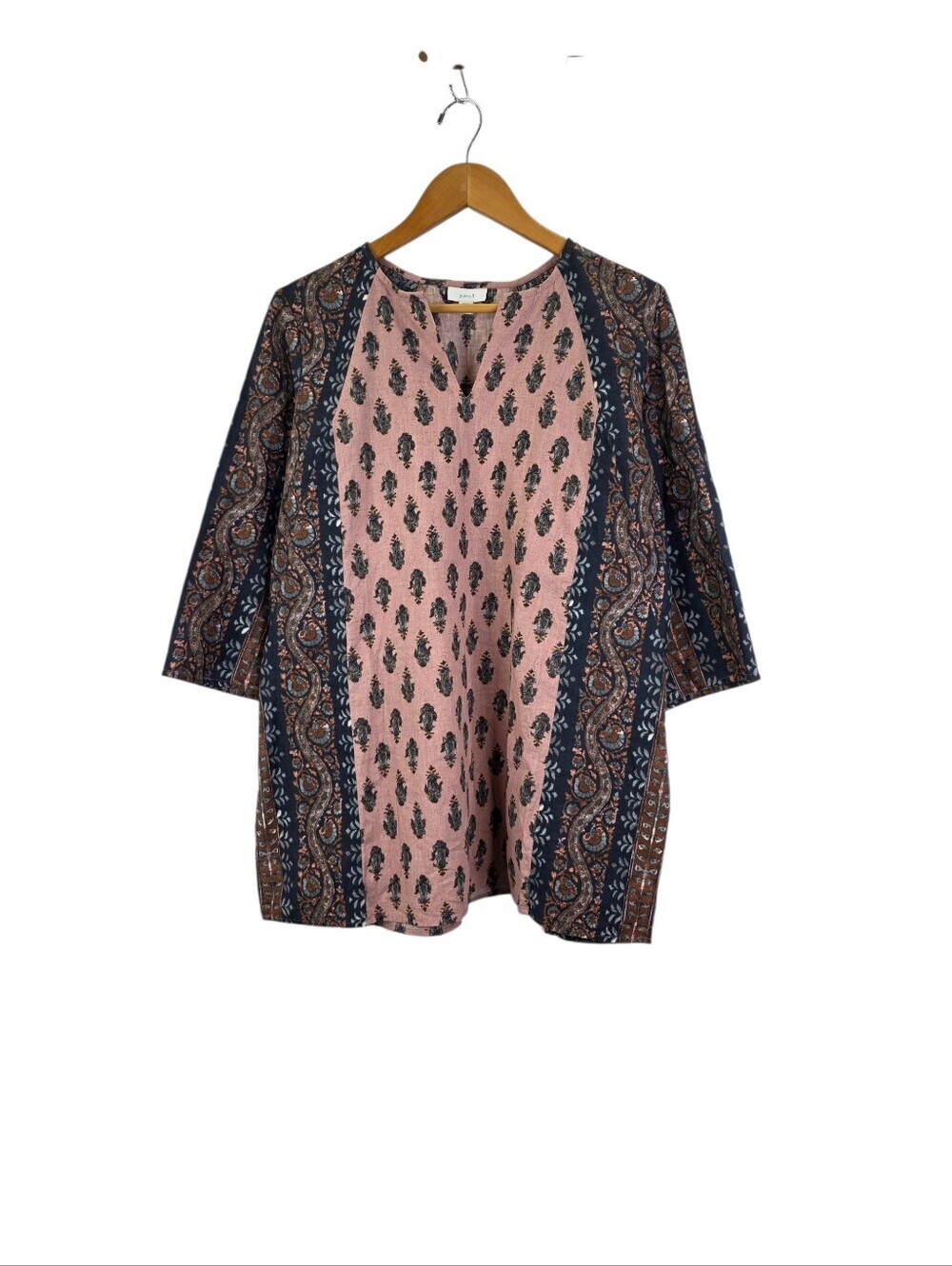Pure Jill Tunic Size M Petite Paisley Folkloric Print Linen 3/4 Sleeve Boho Top